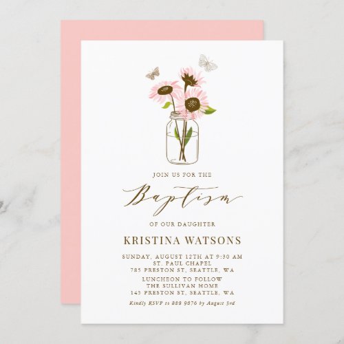 Pink Sunflowers in Mason Jar Summer Baptism Invitation