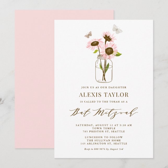 Pink Sunflowers in Mason Jar Summer Bat Mitzvah Invitation (Front/Back)