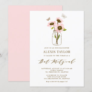 Pink Sunflowers in Mason Jar Summer Bat Mitzvah Invitation