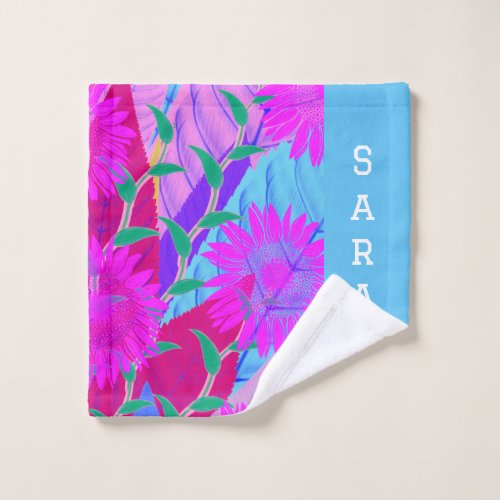 pink sunflowers tropical leaves modern floral art  wash cloth
