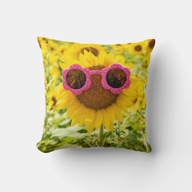 Pink Sunglasses On Sunflower Throw Pillow (Front)