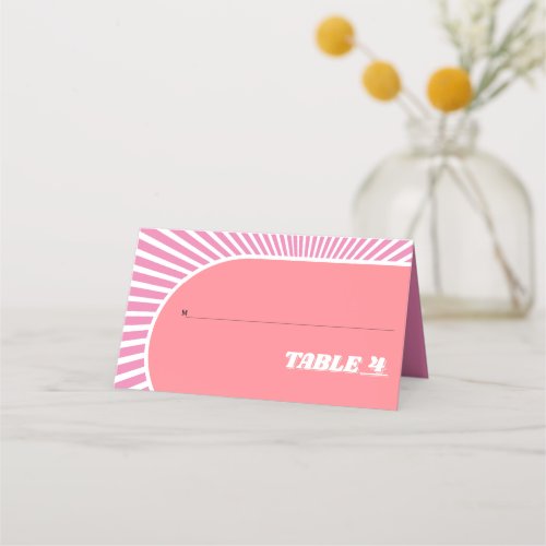 Pink sunray retro groovy 70s inspired wedding place card