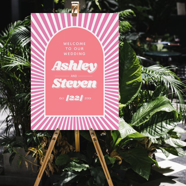 Pink sunrays retro 70s inspired wedding welcome foam board (Creator Uploaded)