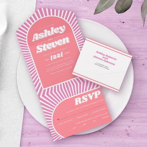 Pink sunrays retro groovy 70s inspired wedding all in one invitation