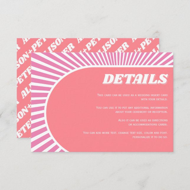 Pink sunrays retro groovy 70s inspired wedding enclosure card (Front/Back)