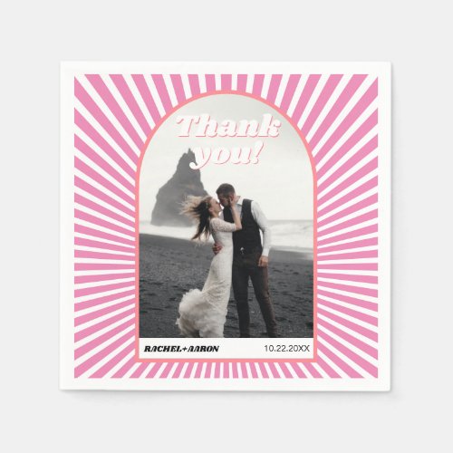 Pink sunrays retro groovy 70s inspired wedding napkins