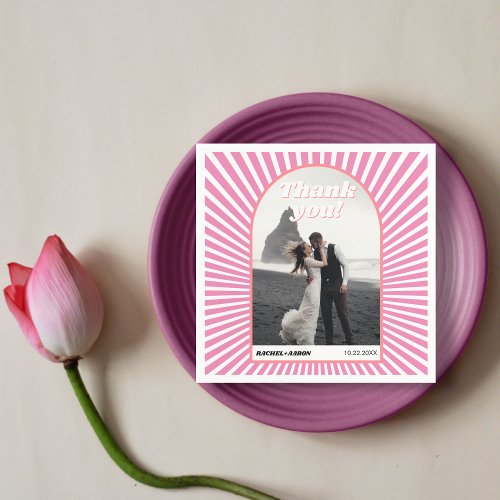 Pink sunrays retro groovy 70s inspired wedding napkins