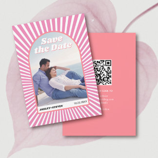 Pink sunrays retro groovy 70s inspired wedding save the date