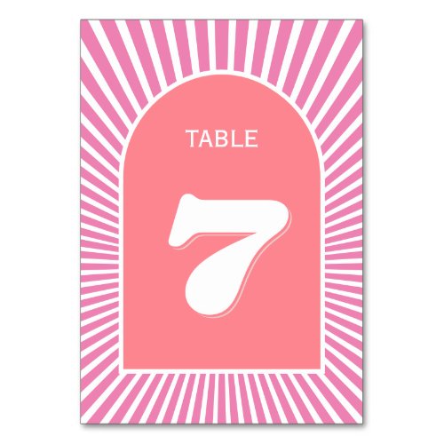 Pink sunrays retro groovy 70s inspired wedding table number