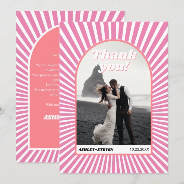Pink sunrays retro groovy 70s inspired wedding thank you card (Front/Back)
