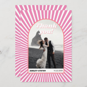 Pink sunrays retro groovy 70s inspired wedding thank you card