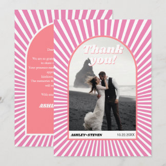 Pink sunrays retro groovy 70s inspired wedding thank you card
