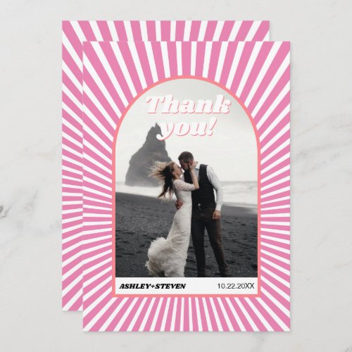 Pink sunrays retro groovy 70s inspired wedding thank you card