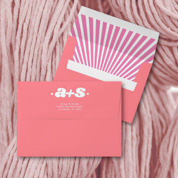 Pink Sunrays Retro Groovy Initials Wedding Envelope by weddings_ at Zazzle