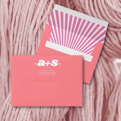 Pink sunrays retro groovy initials wedding envelope