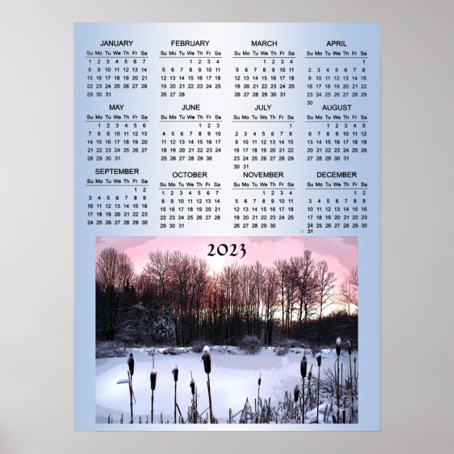 Pink Sunrise at Frozen Pond 2023 Calendar Poster