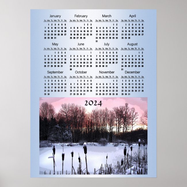 Pink Sunrise at Frozen Pond 2024 Calendar Poster