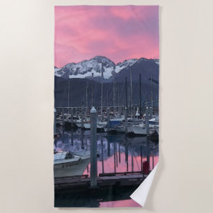 Pink Sunrise Boat Harbor 1 - Beach Towel