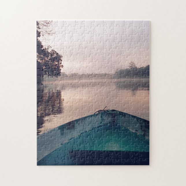 Pink Sunrise Borneo Jungle River Boat Travel Photo Jigsaw Puzzle (Vertical)