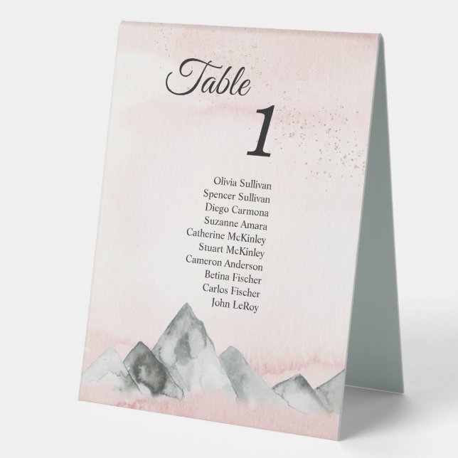 Pink Sunrise Mountain Table Tent Sign with Guests (Front)