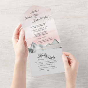 Pink Sunrise Mountain Wedding All In One Invitation