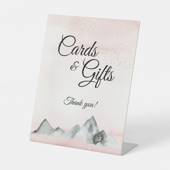 Pink Sunrise Mountain Wedding Cards and Gifts Pedestal Sign (Front)
