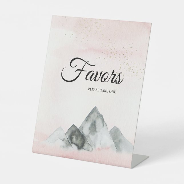 Pink Sunrise Mountain Wedding Favors Pedestal Sign (Front)