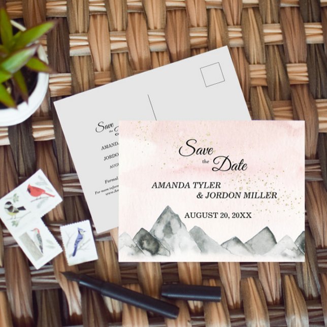 Pink Sunrise Mountain Wedding Save the Date Announcement Postcard (Creator Uploaded)