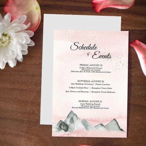 Pink Sunrise Mountain Wedding Schedule Card