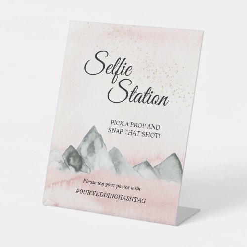 Pink Sunrise Mountain Wedding Selfie Station Pedestal Sign