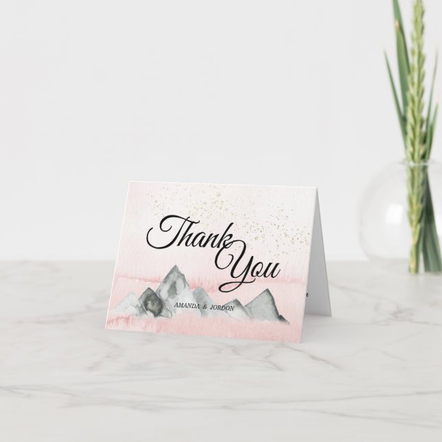 Pink Sunrise Mountain Wedding Thank You Card (Front)