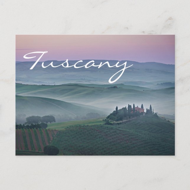 Pink sunrise over a Tuscan landscape text postcard (Front)