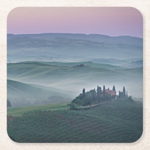 Pink sunrise over a Tuscany landscape coaster