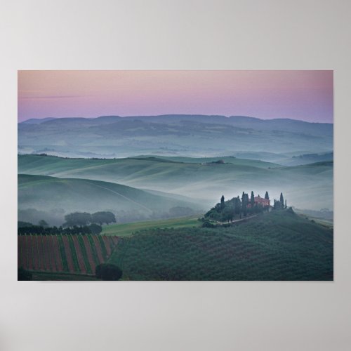 Pink sunrise over a Tuscany landscape poster