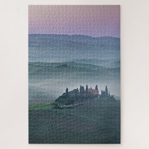 Pink sunrise over a Tuscany landscape with villa Jigsaw Puzzle