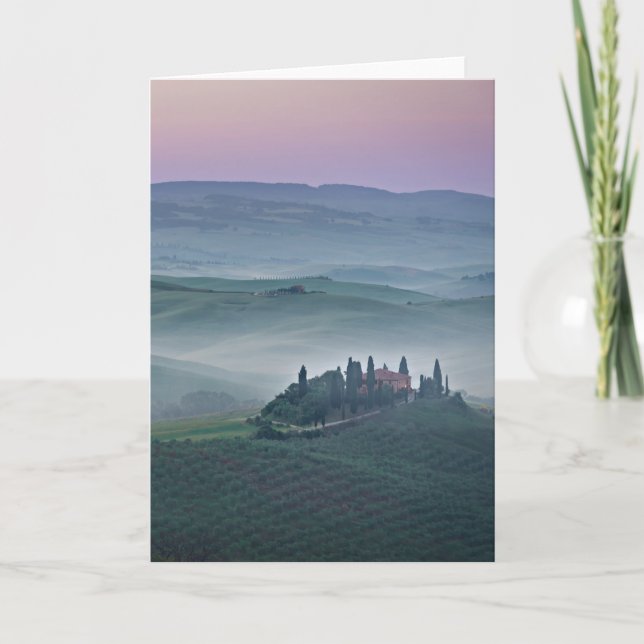 Pink sunrise over Tuscany landscape greeting card (Front)