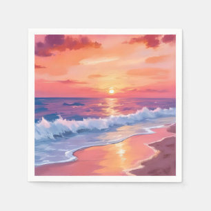 Pink Sunset Beach Waves Seascape Painting Napkins