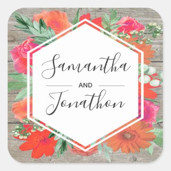 Pink Sunset Bloom Floral Frame Wedding Square Sticker by prettypicture at Zazzle
