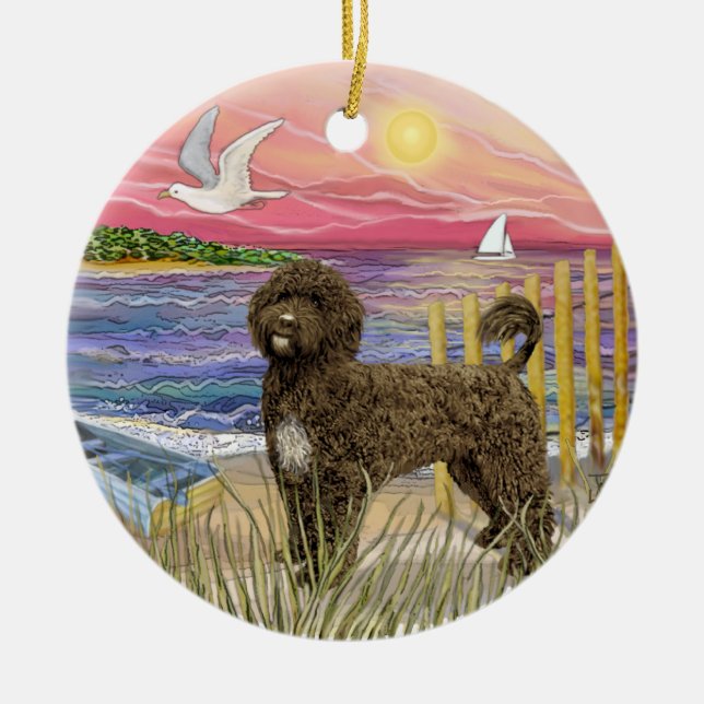 Pink Sunset - Brown Portuguese Water Dog Ceramic Ornament (Front)