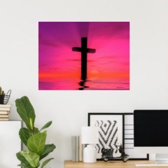 Pink Sunset Christian Cross Art Print 