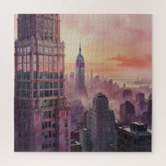 Pink Sunset Cityscape Scene Jigsaw Puzzle