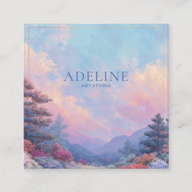 Pink Sunset Forest Gold Frame Vibrant Landscape Square Business Card (Front)