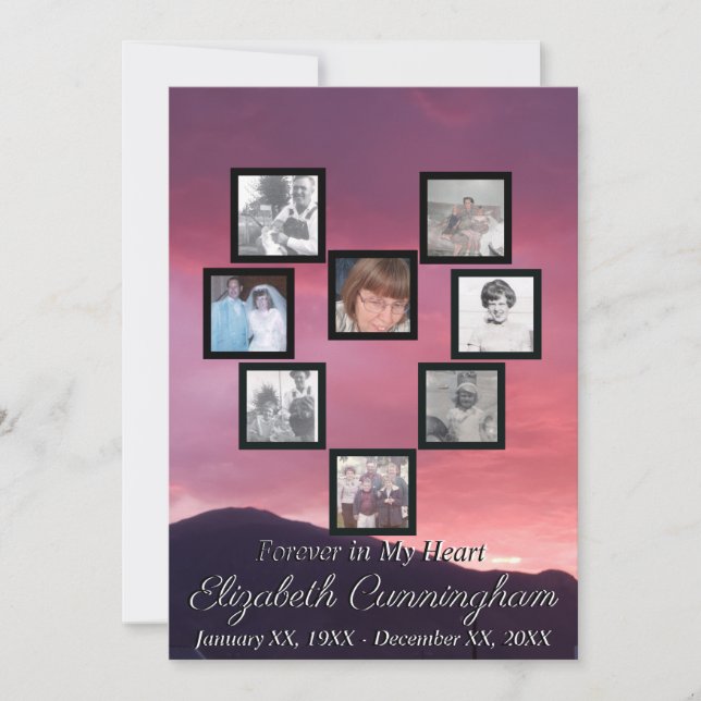 Pink Sunset | Heart Shape Photo Collage Memorial Invitation (Front)