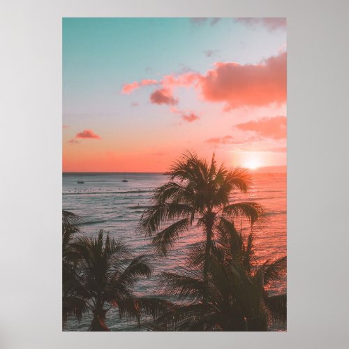 Pink Sunset Ocean Beach Palm Photography Poster