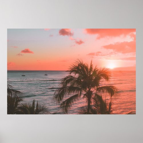 Pink Sunset Ocean Beach Palm Photography Poster