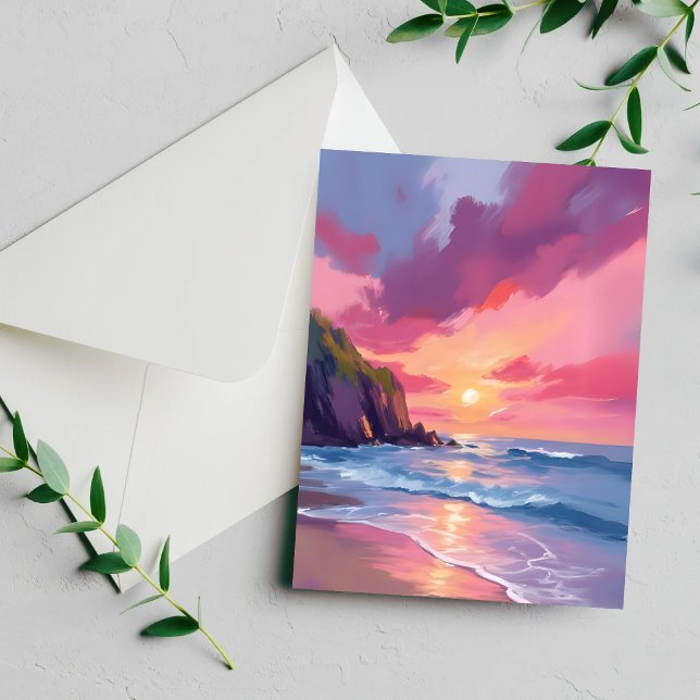 Pink Sunset Ocean Beach Waves Watercolor Card (Creator Uploaded)
