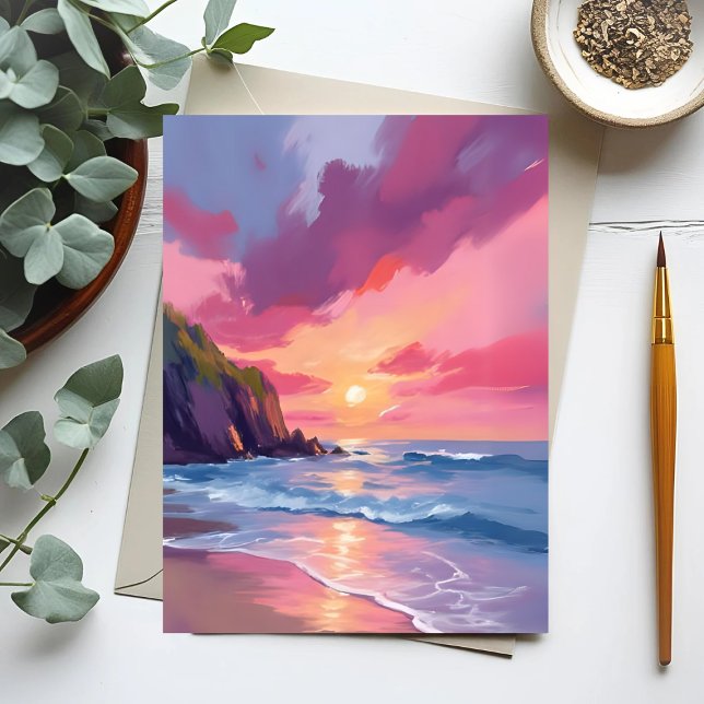 Pink Sunset Ocean Beach Waves Watercolor Postcard (Creator Uploaded)