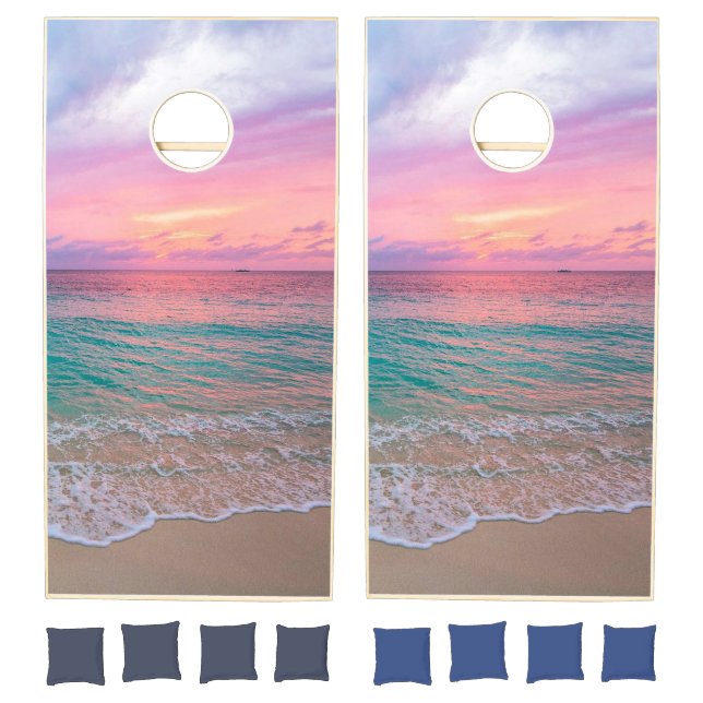 Pink sunset on the beach cornhole set (Set)