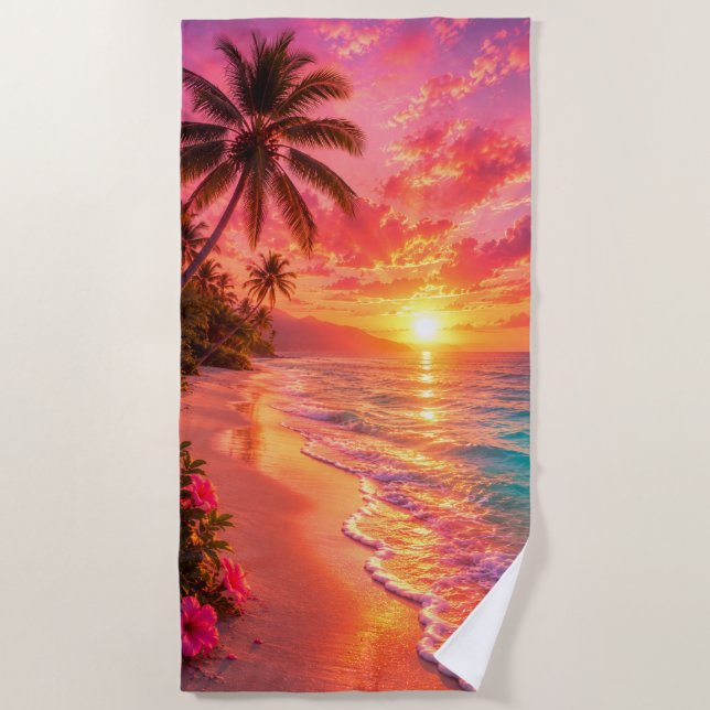 Pink Sunset Paradise Beach Towel (Front)