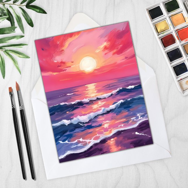 Pink Sunset Purple Ocean Waves Watercolor Card (Creator Uploaded)